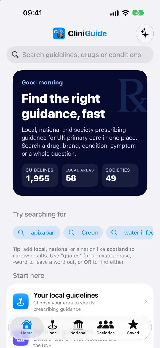 CliniGuide home screen: search bar, 'Find the right guidance, fast', and counts of 1,955 guidelines, 58 local areas and 49 societies