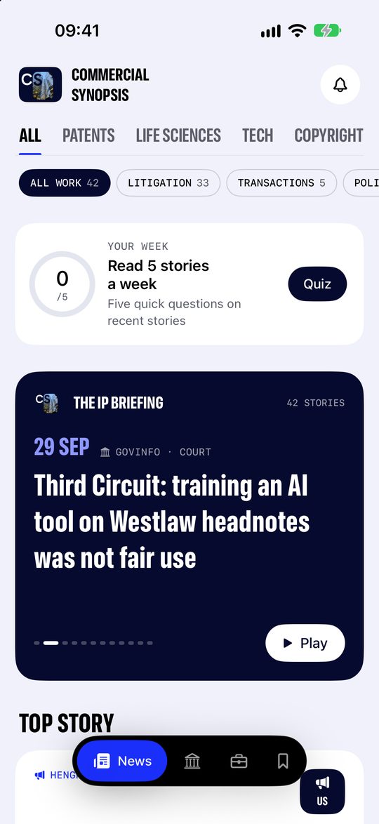 Commercial Synopsis News tab, with area tabs for patents, life sciences, tech and copyright, work-type filters and the IP Briefing carousel